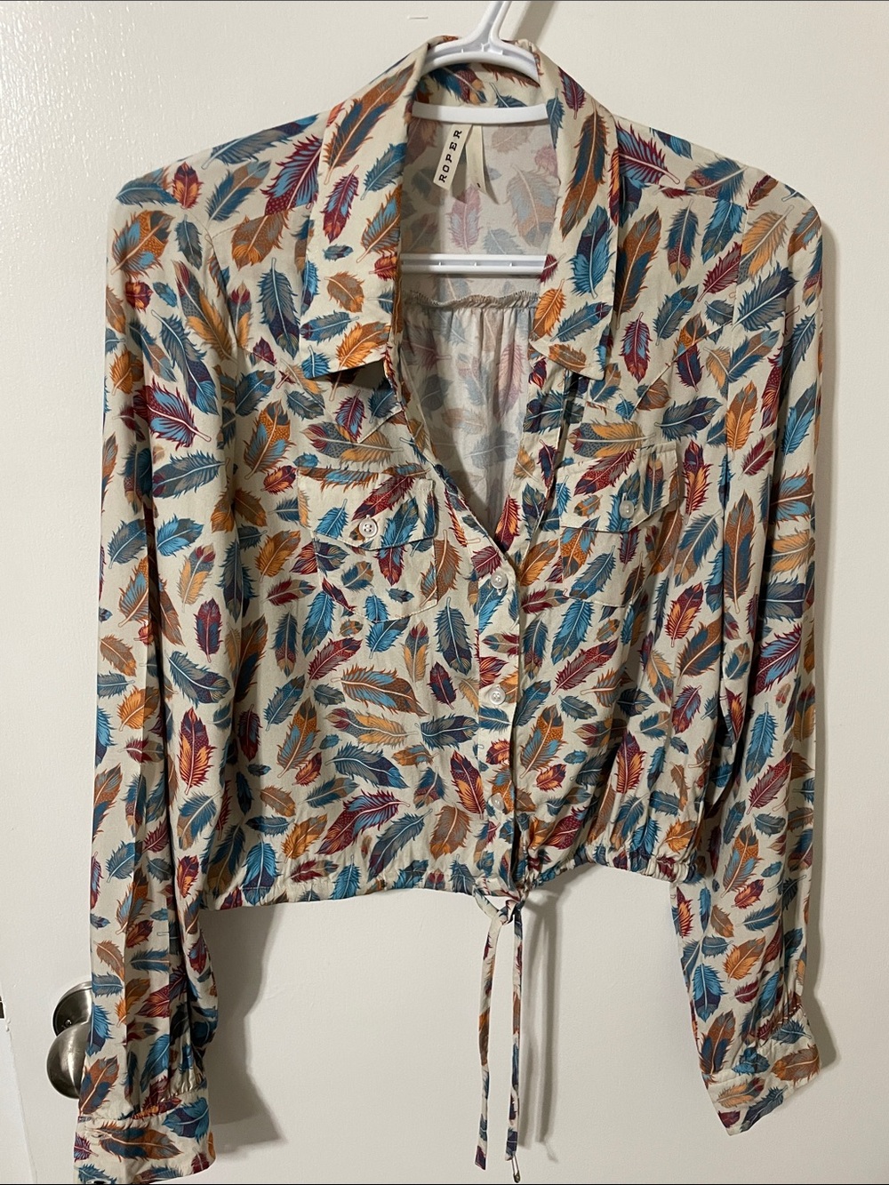 Roper 2 Piece Feather Print Tie-Hem Button Front Shirt & Mini Skirt Size Small
